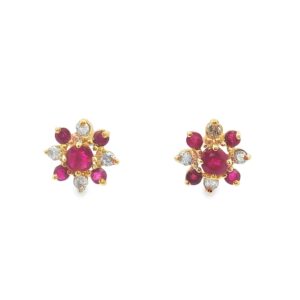 14K Yellow Gold Ruby and Diamond Flower Design Earrings