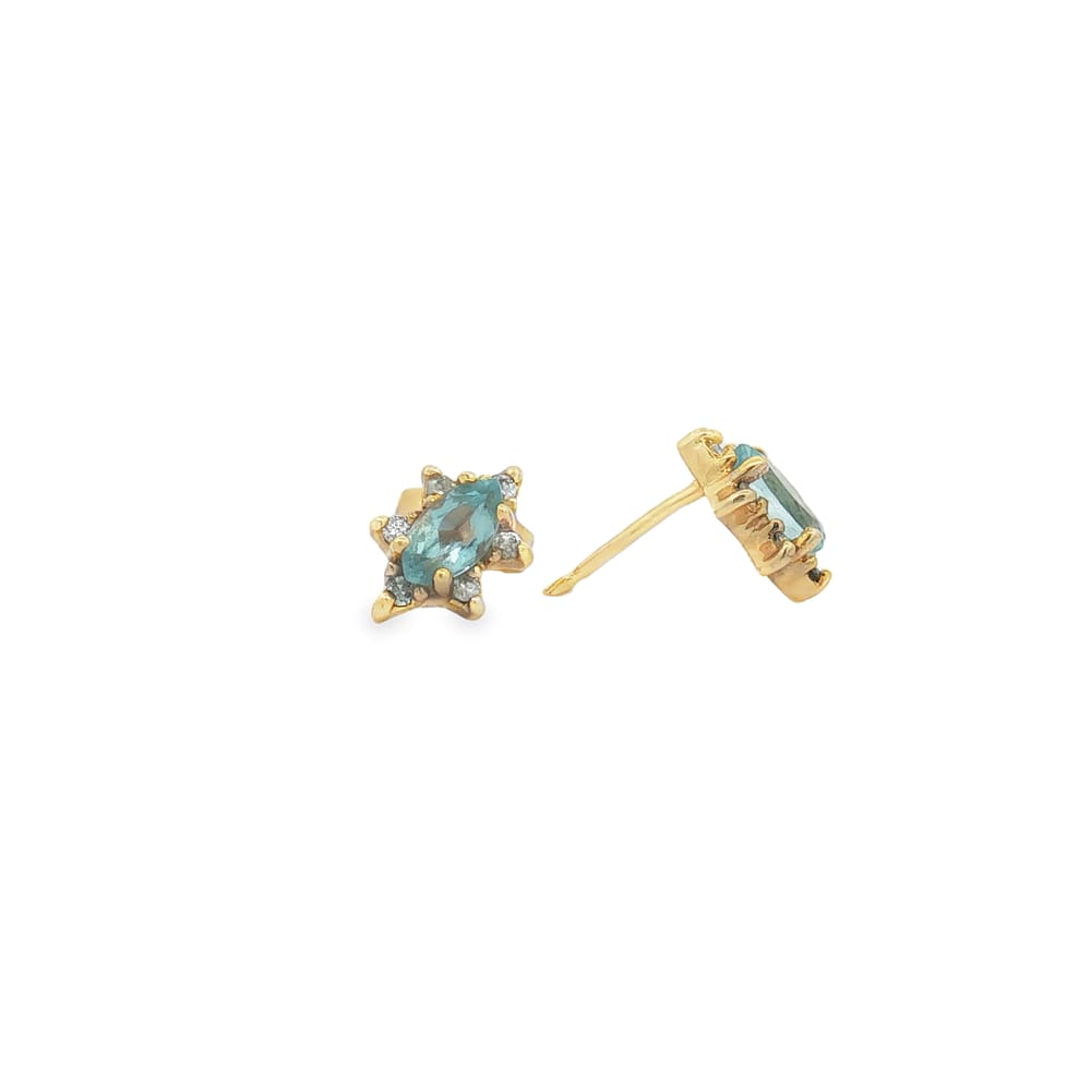18-00053 Earrings 14Kt YG Star 6x3mm Aqua. w/.06TWT Diamond