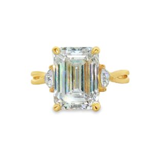 14K Yellow Gold 5.09ct Emerald Cut Lab Grown Diamond Three Stone Engagement Ring