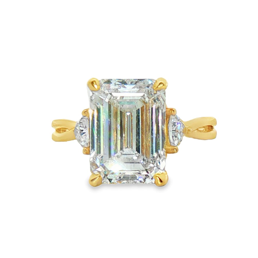 14K Yellow Gold 5.09ct Emerald Cut Lab Grown Diamond Three Stone Engagement Ring