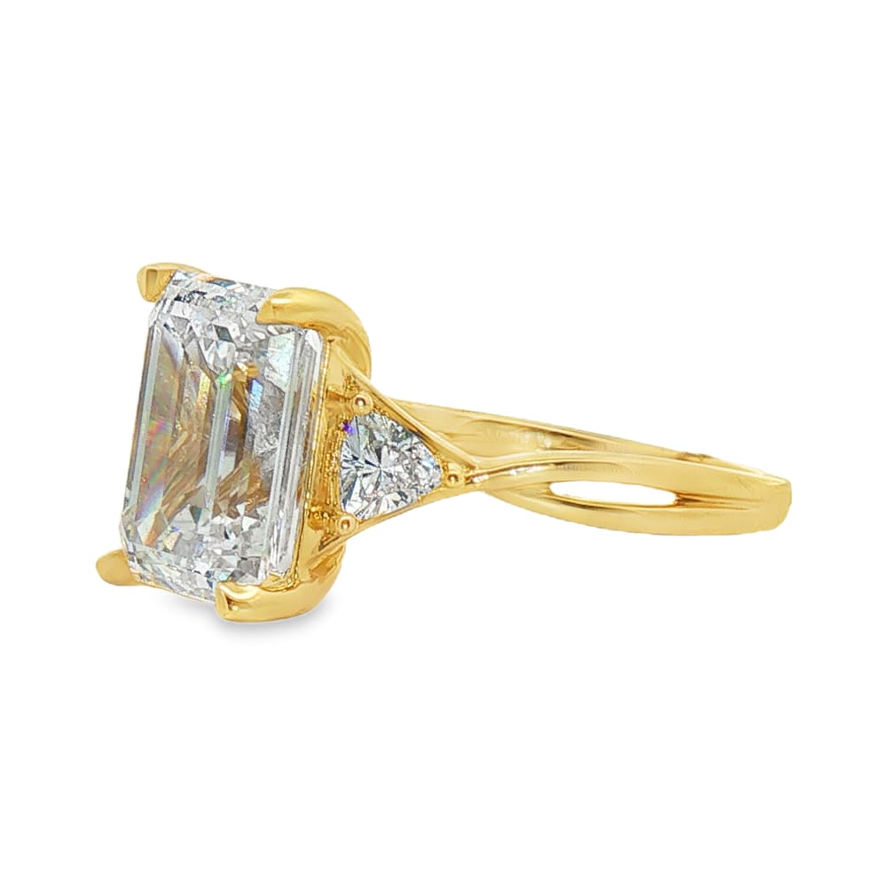 14K Yellow Gold 5.09ct Emerald Cut Lab Grown Diamond Three Stone Engagement Ring