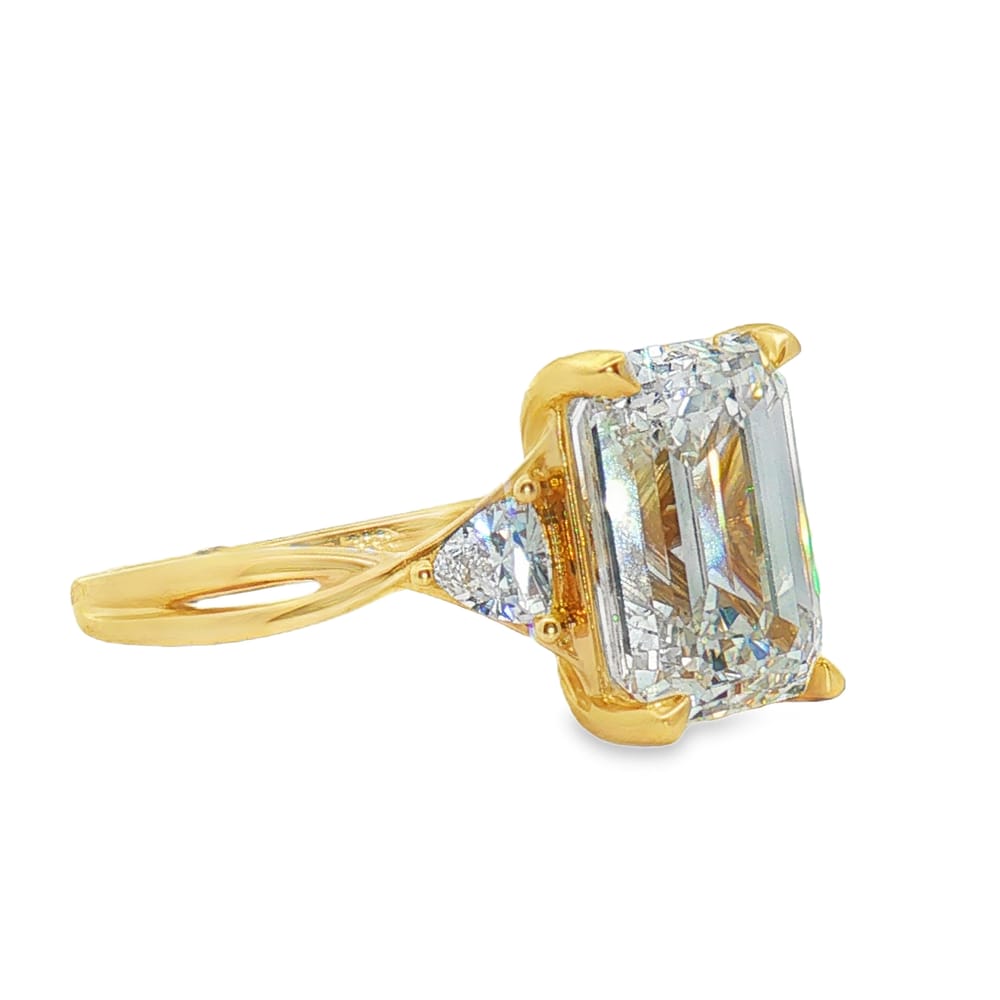 14K Yellow Gold 5.09ct Emerald Cut Lab Grown Diamond Three Stone Engagement Ring