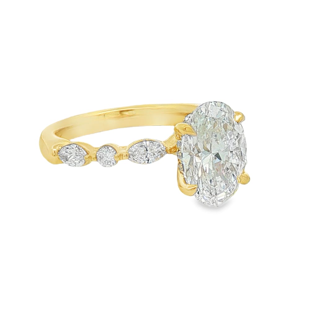 14K Yellow Gold - Lab Grown Oval Engagement Ring with Hidden Halo and Side Stones - 3.57ctw