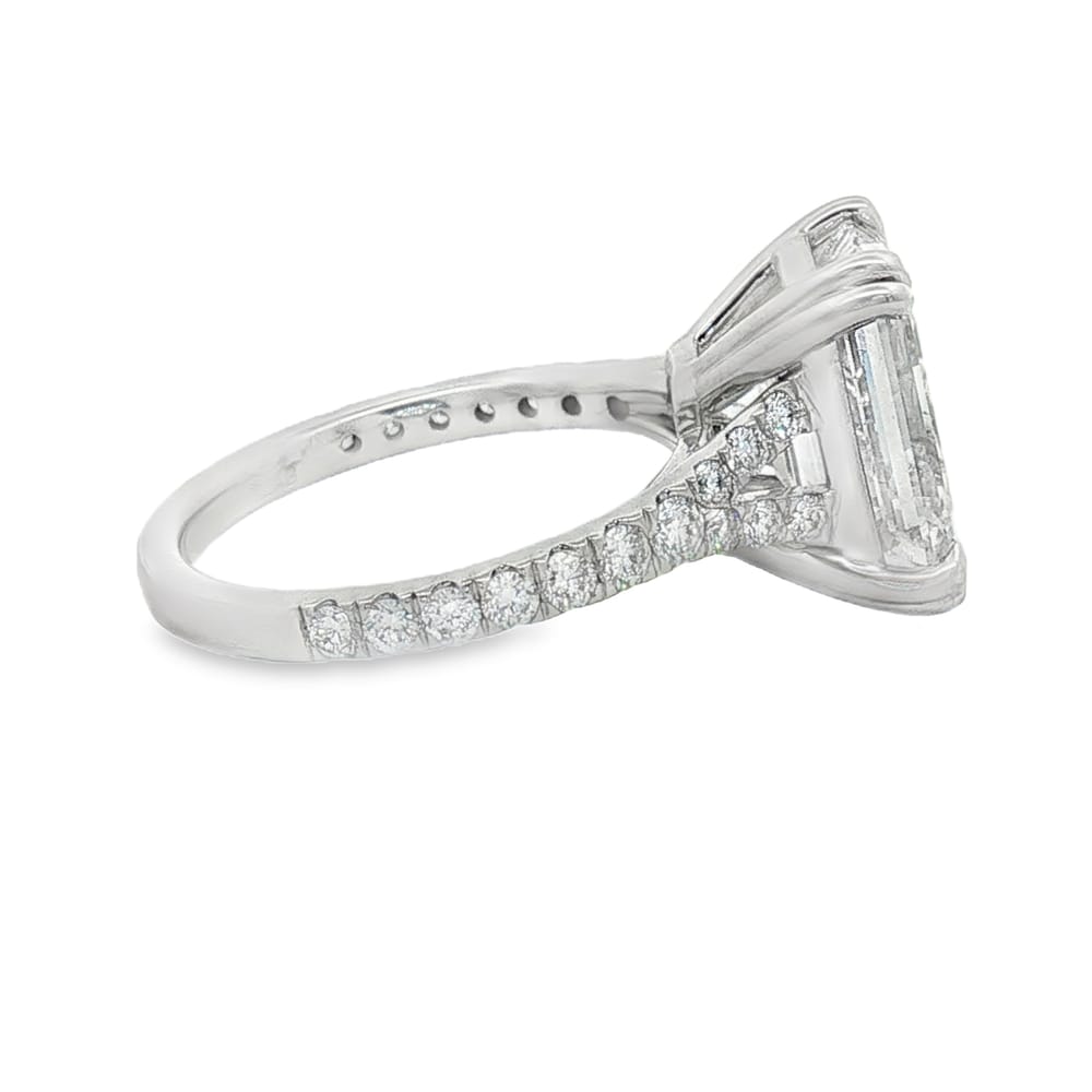 14K White Gold Lab-Grown Emerald Cut Engagement Ring with Round Diamond Side Stones - 5.65ctw