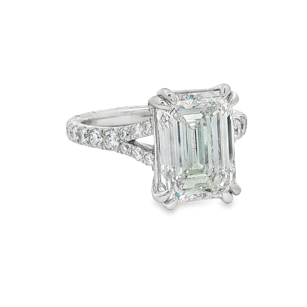 14K White Gold Lab-Grown Emerald Cut Engagement Ring with Round Diamond Side Stones - 5.65ctw