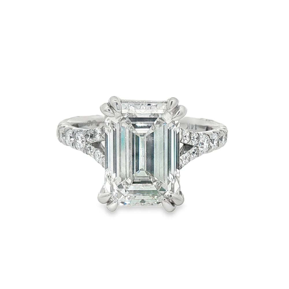 14K White Gold Lab-Grown Emerald Cut Engagement Ring with Round Diamond Side Stones - 5.65ctw