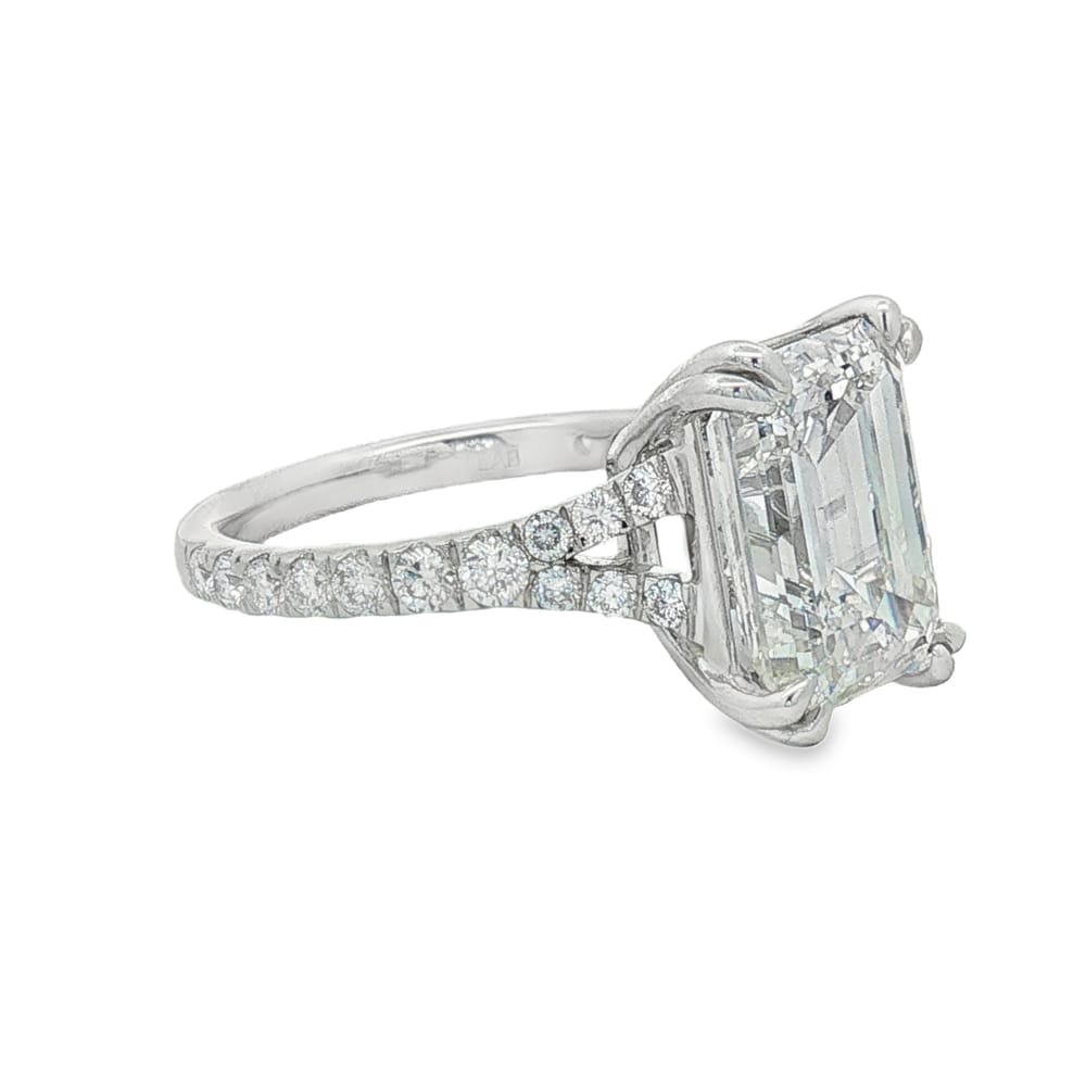 14K White Gold Lab-Grown Emerald Cut Engagement Ring with Round Diamond Side Stones - 5.65ctw