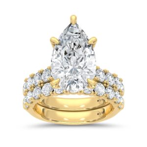 14K Yellow Gold Bridal Ring Set with Lab Grown Pear Shape Diamond and Round Side Diamonds - 5ctw