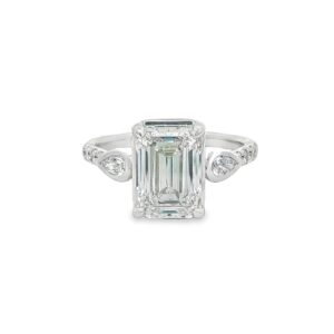 14K White Gold Lab Grown Emerald Cut Ring with Pear and Round Side Stones - 3.50ctw - 4.10g
