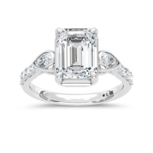 14K White Gold Lab Grown Emerald Cut Ring with Pear and Round Side Stones - 3.50ctw - 4.10g