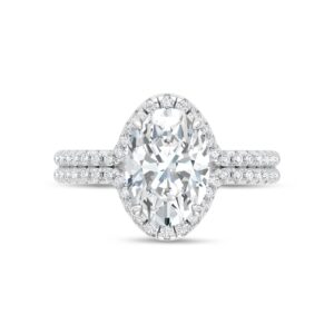 14K White Gold Lab Grown Oval Engagement Ring with Split Shank Halo and Round Side Stones - 3.38ctw