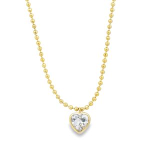 16" Heart-Shaped Cubic Zirconia Necklace in Yellow Brass with Extension