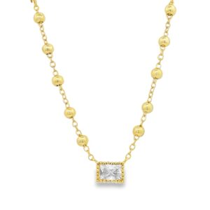 Gold Over Brass 16" Rectangular CZ Beaded Necklace with 2" Extension