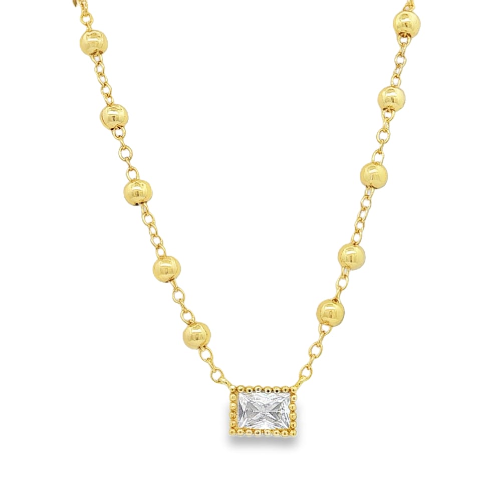 Gold Over Brass 16" Rectangular CZ Beaded Necklace with 2" Extension