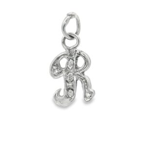 14K White Gold Initial "R" Diamond Pendant with 3 Round Diamonds