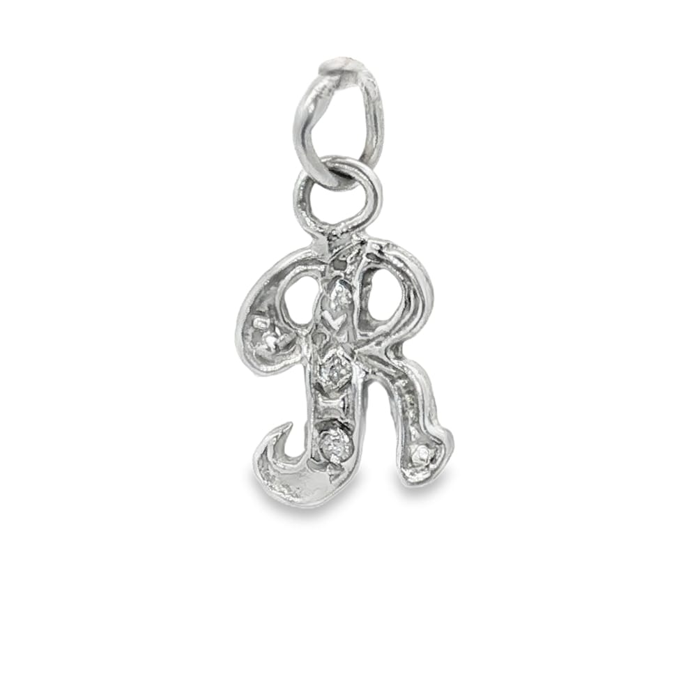 14K White Gold Initial "R" Diamond Pendant with 3 Round Diamonds