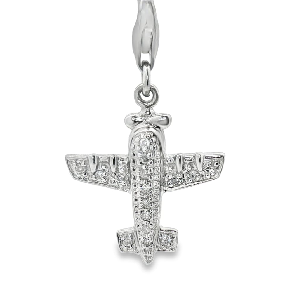 14K White Gold Diamond Airplane Pendant with 16 Stones