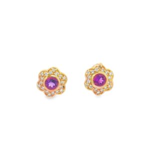 Round Amethyst and Diamond Earrings in 14K Yellow Gold - 5.52g Total Weight