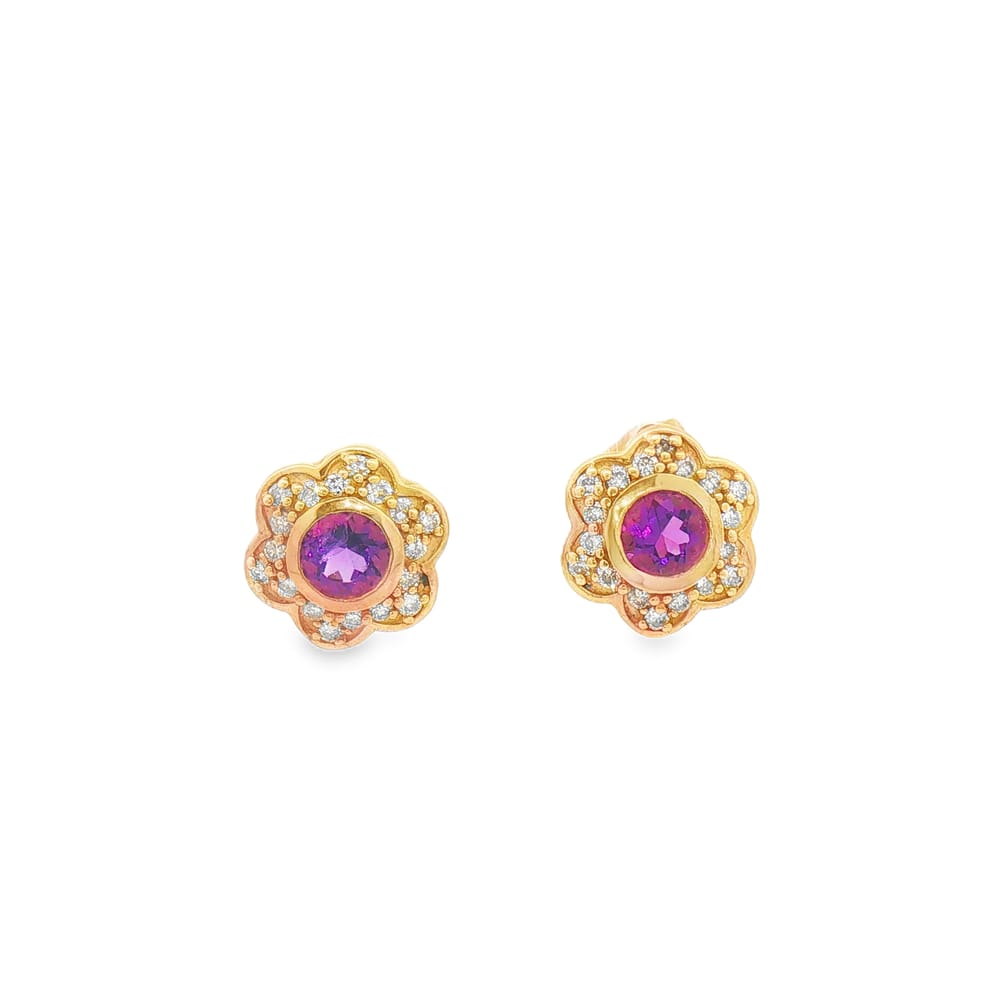 Round Amethyst and Diamond Earrings in 14K Yellow Gold - 5.52g Total Weight