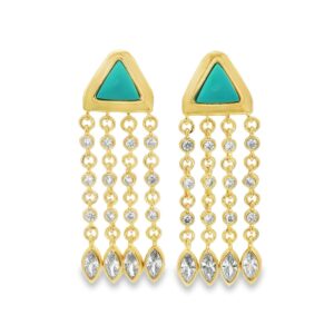 Turquoise Triangle Cascade Earrings with Cubic Zirconia Accents in Gold Over Brass