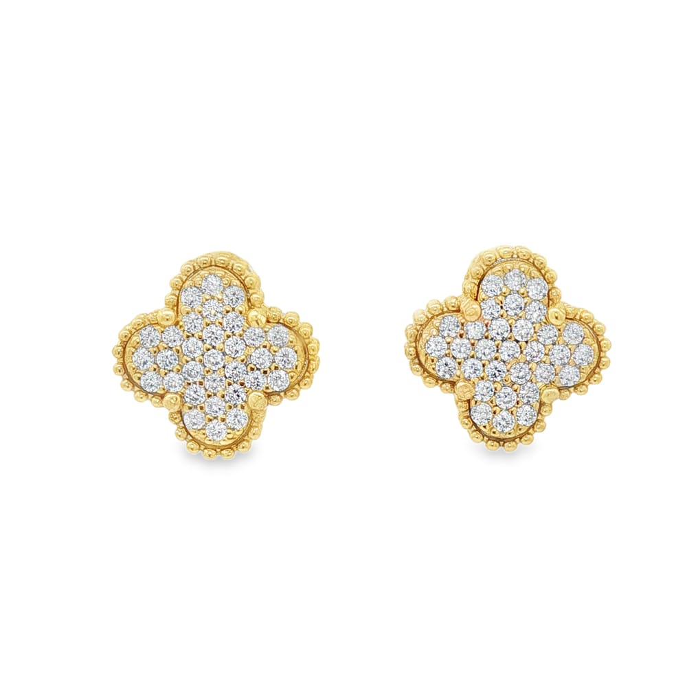 .925 Sterling Silver Pave Textured Clover Stud Earrings