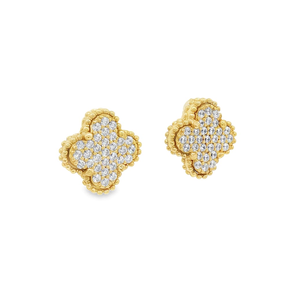 .925 Sterling Silver Pave Textured Clover Stud Earrings