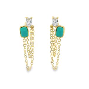 Gold Over Brass Turquoise and Cubic Zirconia Cushion Earrings 1.85g