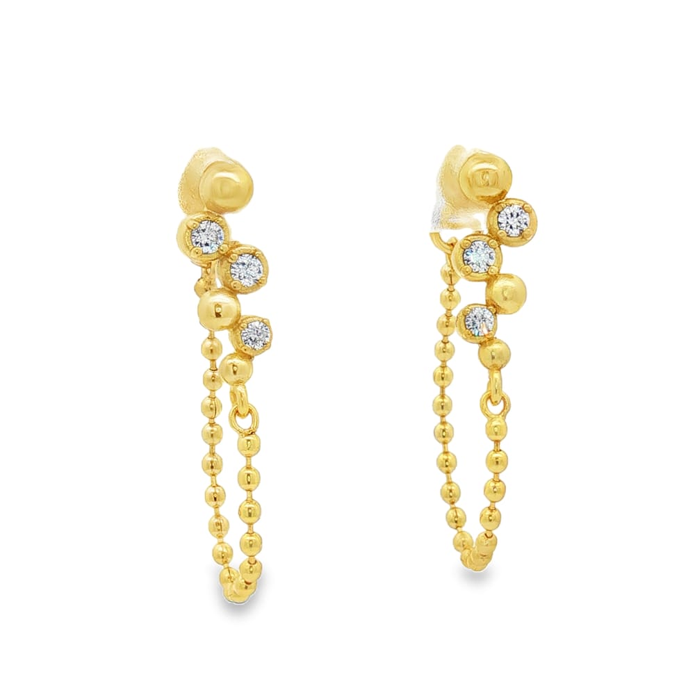 Gold Over Brass CZ Waterfall Beaded Chain Earrings 1.91g
