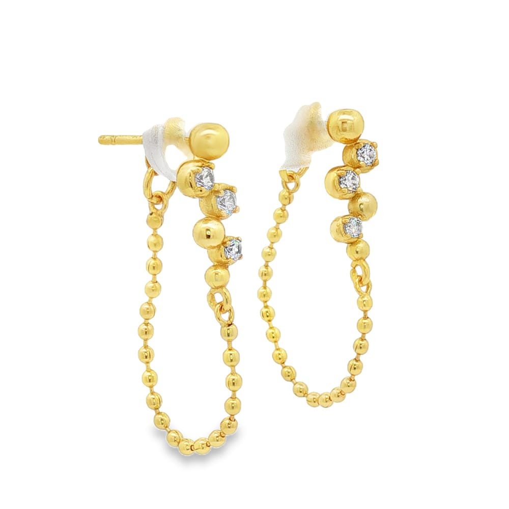 Gold Over Brass CZ Waterfall Beaded Chain Earrings 1.91g