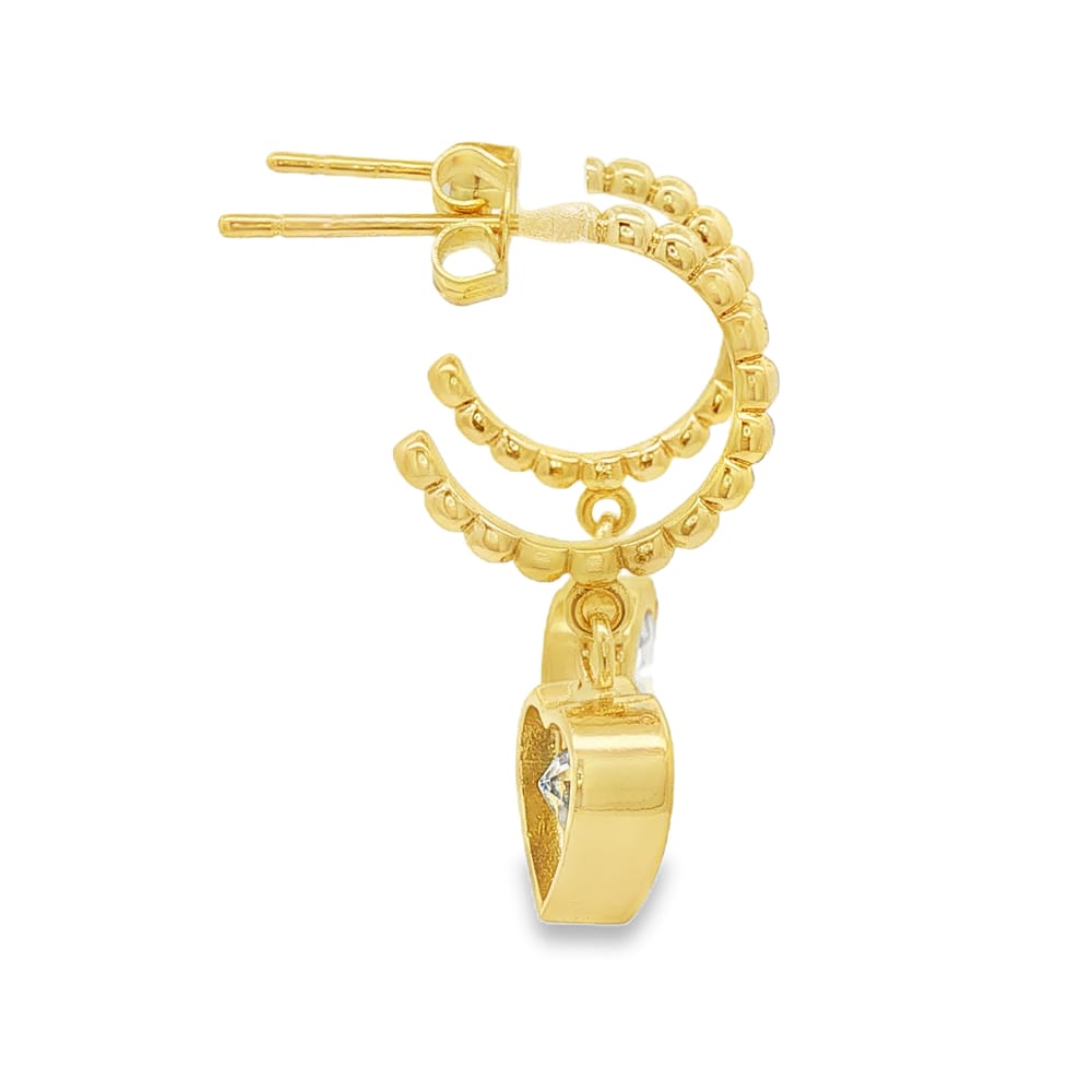 Gold Over Brass Bezel CZ Heart Charm Beaded Hoop Earrings 4.58g