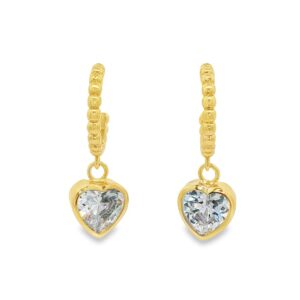 Gold Over Brass Bezel CZ Heart Charm Beaded Hoop Earrings 4.58g