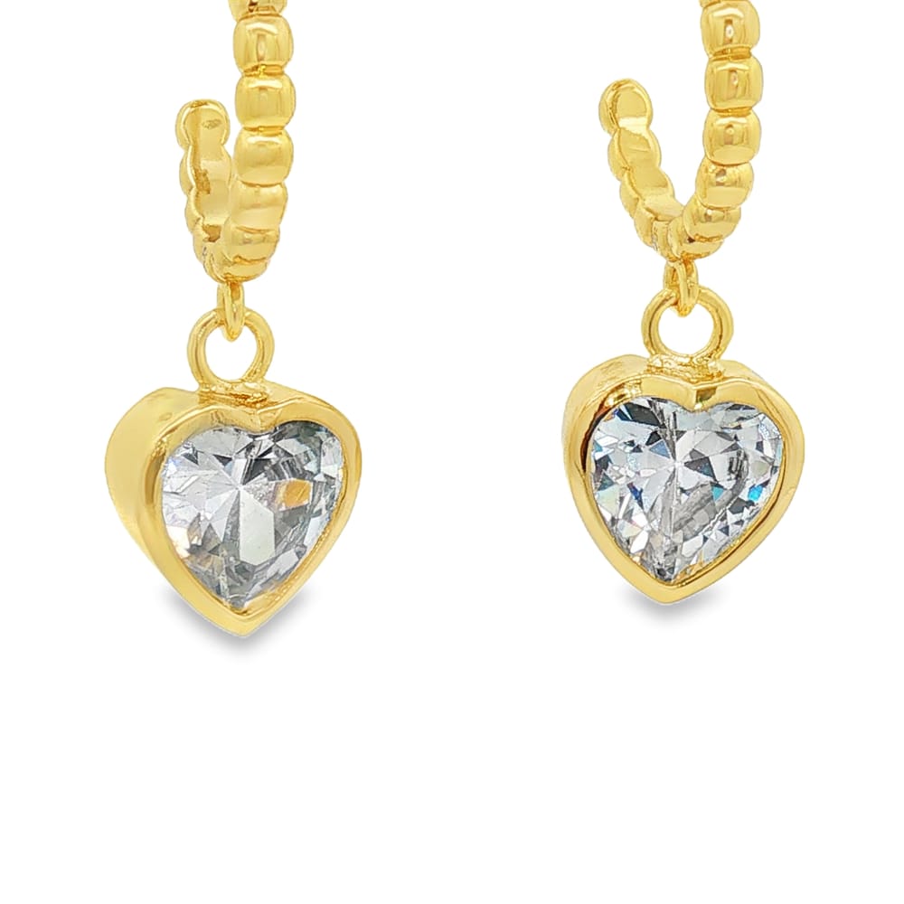 Gold Over Brass Bezel CZ Heart Charm Beaded Hoop Earrings 4.58g