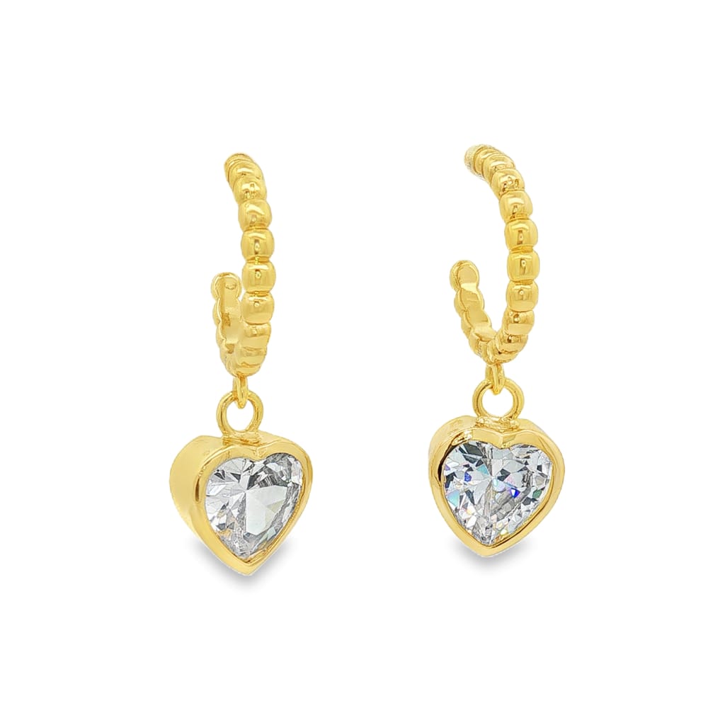 Gold Over Brass Bezel CZ Heart Charm Beaded Hoop Earrings 4.58g