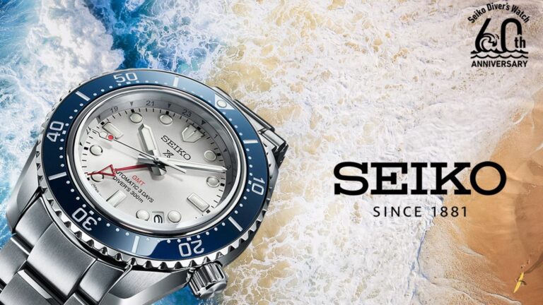 a custom image of a seiko prospex with a white dial and a blue rotating bezel mens watch with an ocean background behind it