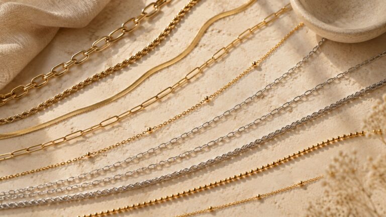 a image of multiple necklaces layed out on a table to show the length of the chains