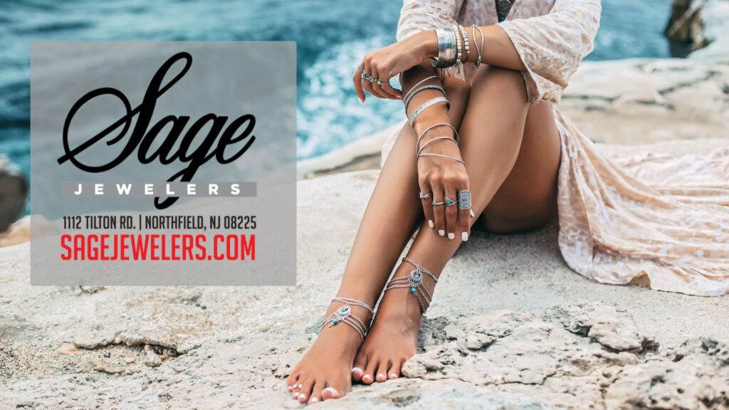 a picture of a women wearing various jewelry at the beach with the Sage Jewelers logo inside the image