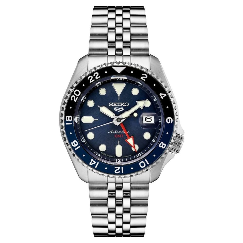 a Seiko 5 Sports SKX Sports Style GMT Watch 42.5mm SSK003 stainless steel with a jubilee band and a black/blue rotating bezel and dark blue dial