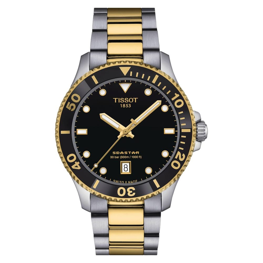 two-tone tissot 1853 seastar with a black and yellow bezel with a black dial and stainless steel and yellow gold oyster band