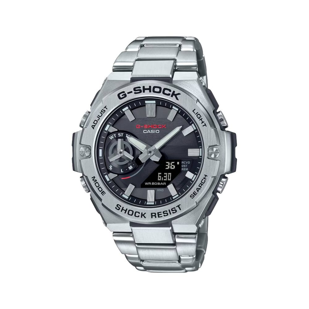 a stainless steel Casio G-Shock Mens GST-B500 Series 48.9mm Solar GSTB500D-1A on display
