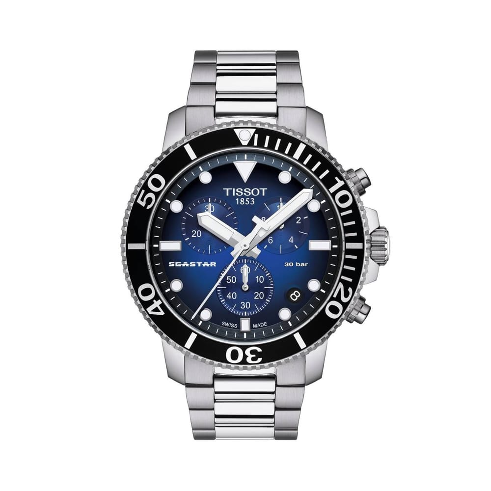 a Tissot Seastar 1000 45.5mm T120.417.11.041.01 stainless steel chronograph with a blue dial and black bezel