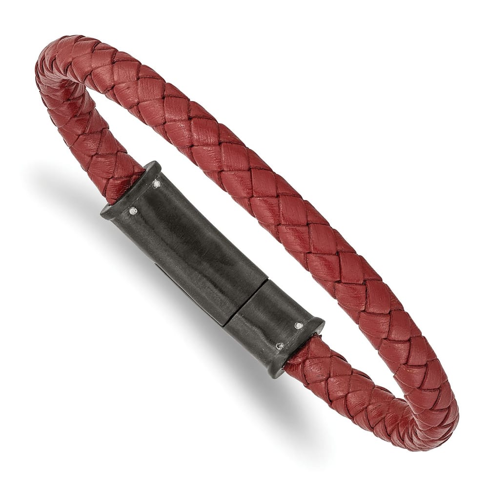 Chisel Stainless Steel Brushed Black IP-Plated Red Braided Leather Bracelet - 8.5 inch