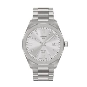 Tissot PRC 100 Solar Men's Watch with Stainless Steel Case, Silver Dial, and Grey Strap