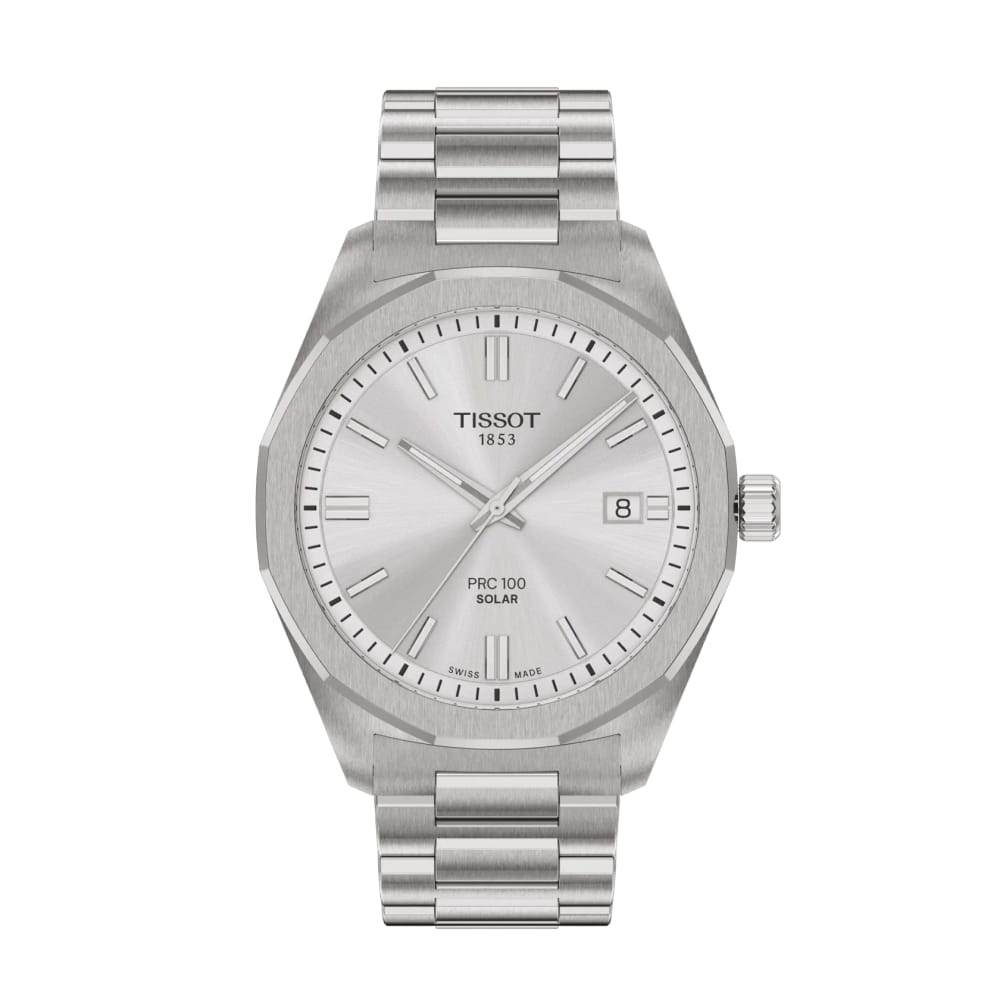 Tissot PRC 100 Solar Men's Watch with Stainless Steel Case, Silver Dial, and Grey Strap