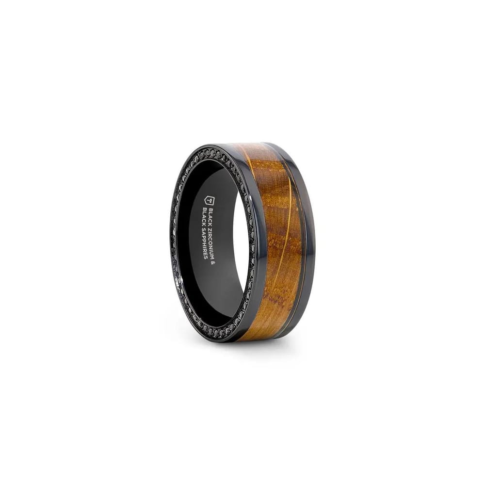 BOURBON Black Zirconium w/ Whiskey Barrel Wood Inlay, Black Sapphires - 8mm Size 10.5