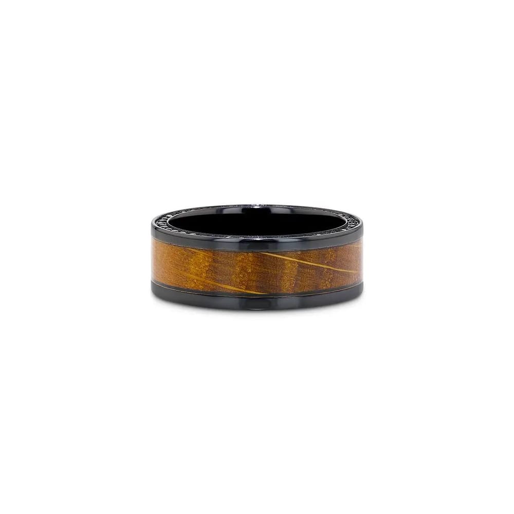 BOURBON Black Zirconium w/ Whiskey Barrel Wood Inlay, Black Sapphires - 8mm Size 10.5