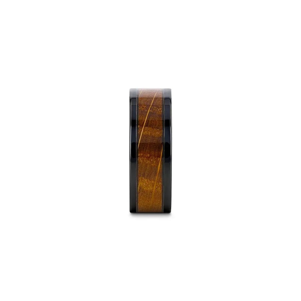 BOURBON Black Zirconium w/ Whiskey Barrel Wood Inlay, Black Sapphires - 8mm Size 10.5