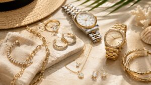 an image of various yellow gold jewelry and watches sitting on the sand for a beach summer aesthetic as a jewelry background
