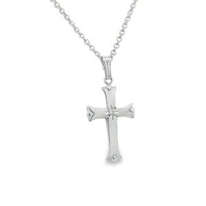 Sterling Silver Cross Pendant Necklace with Genuine Diamond on 18" Rolo Chain