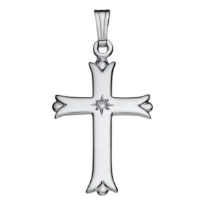 Sterling Silver Cross Pendant Necklace with Genuine Diamond on 18" Rolo Chain