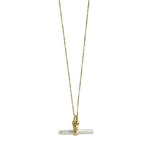 14K Yellow Gold 18" T-BAR Necklace with Spring Ring Clasp Featuring a Mother of Pearl